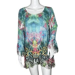 Mushka Sienna Rose Shirt Womens Small Blue Green Colorful Artsy Art‎ to Wear